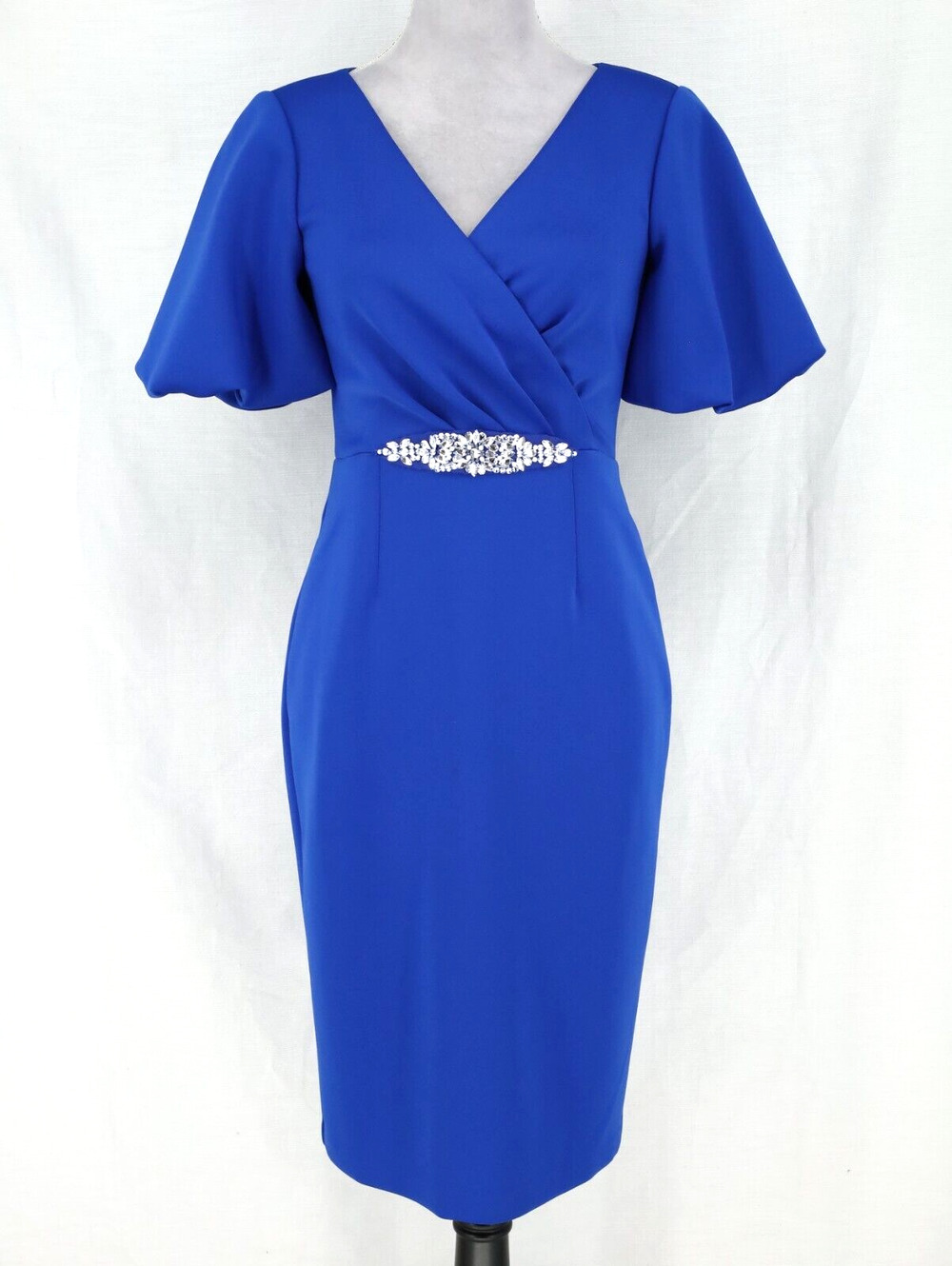 Jessica Howard Dress Petites 4P Blue Puff Sleeves Rhinestone Waist Lined Formal